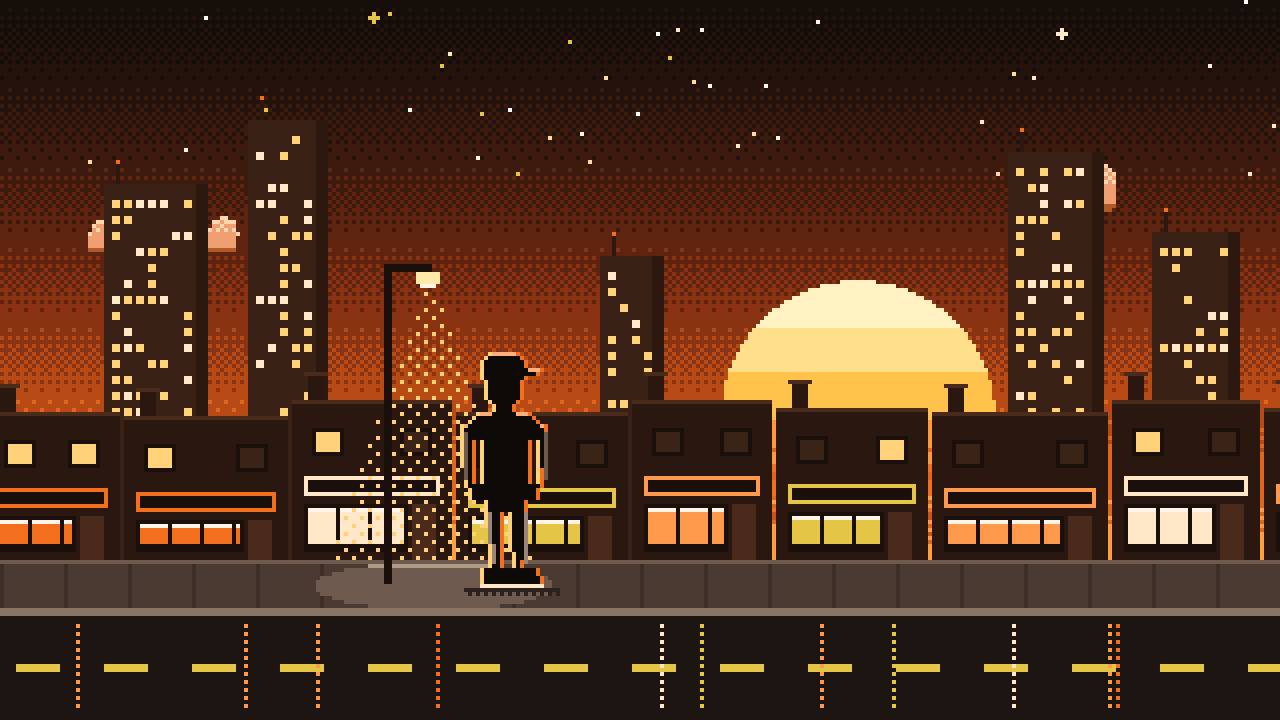 Pixel-art placeholder for Jackie Chav: a figure in a cap and hoodie under a street lamp on a high street at sunset